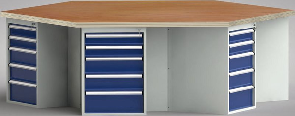Etabli standard KLW de forme hexagonale (version ERGO) avec plateau multiplex en hêtre de forme hexagonale 2338 x 2700 x 40 mm L x l x P, WS620E-1350M40-E8007
