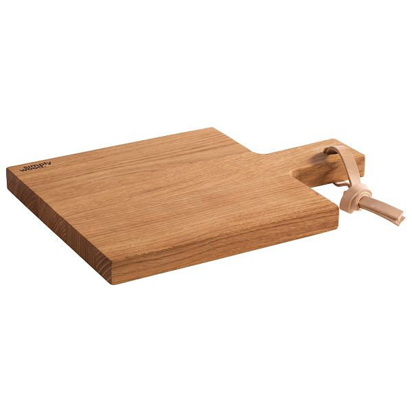 Planche de service APS -SIMPLY WOOD-, 28 x 20 x 2 cm, bois de chêne huilé, surface de service : 20 x 20 cm, longueur totale : 28 cm, avec trou de suspension : Ø 1,5 cm, lanière en cuir, 00750