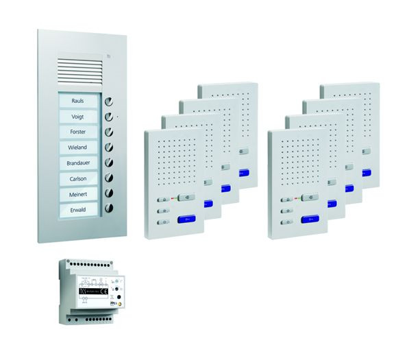 Système de commande de porte audio TCS : pack UP pour 8 unités d'habitation, avec poste extérieur PUK 8 boutons de sonnerie, 8x haut-parleur mains libres ISW3030, unité de commande BVS20, PPUF08-EN / 02