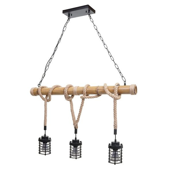 Suspension Mendler HWC-H82, lampe suspendue suspension, corde de bambou vintage industrielle métal noir, abat-jour cage 3x, 74203