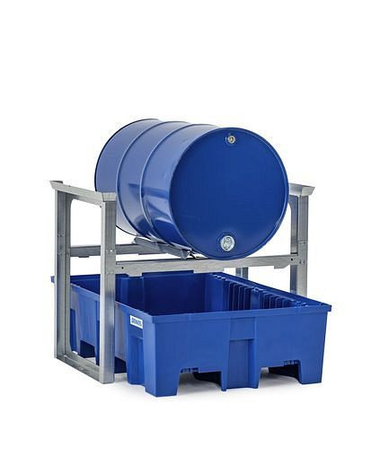 Râtelier à fûts DENIOS pour 1 fût de 200 litres chacun, avec bac en plastique, 1049 x 1245 x 837 mm, 291-777