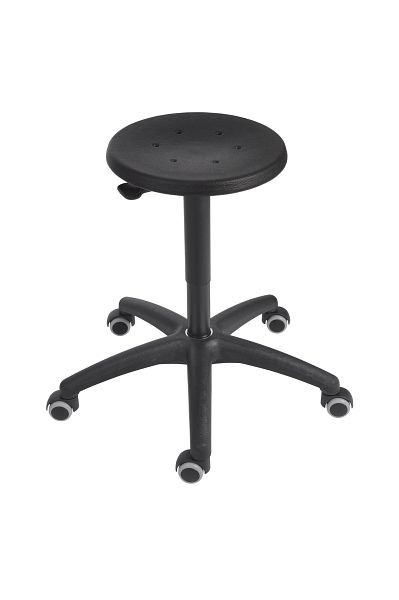 Tabouret de travail Lotz, siège en PU noir, déverrouillage par levier, base en plastique noir, roulettes doubles revêtues, hauteur d'assise 430-620 mm, 3520.11