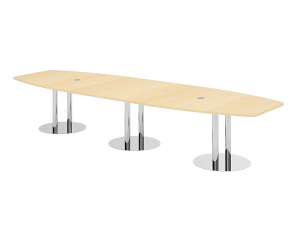 Table de conférence Hammerbacher KT40S, 400 x 130 cm, plateau : érable, épaisseur 25 mm, avec trois pieds colonnes chromés, 7,6/70 cm, hauteur de travail 74 cm, VKT40S/3/C