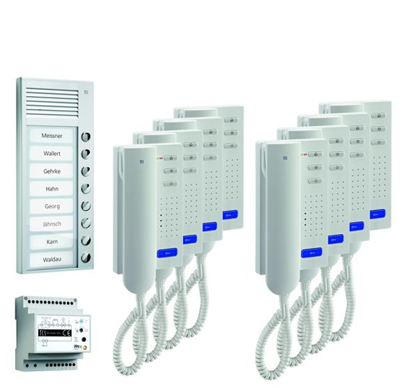 Système de contrôle de porte audio TCS : pack AP pour 8 unités résidentielles, avec poste extérieur PAK 8 boutons de sonnerie, 8x interphones ISH3030, unité de contrôle BVS20, PPA08-EN / 02