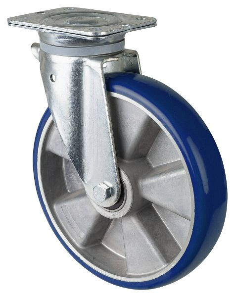 Roulette pivotante pour charges lourdes BS Rollers, roue en polyuréthane 83 Shore, jante en aluminium, roulement à billes, platine, diamètre : 250 mm, N100.B92.250