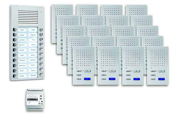Système de commande de porte audio TCS : pack AP pour 20 unités résidentielles, avec poste extérieur PES 20 boutons de sonnerie, 20x haut-parleur mains libres ISW3030, unité de contrôle, PPAF20-EN / 02