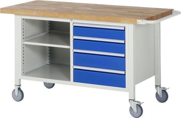 Etabli mobile RAU 8000 - modèle 8463, L1500xP700xH880-1080mm, conteneur double structure, gauche : étagère, droite : 2xH120, 2xH150mm, 05-8463A2-157B4H.11