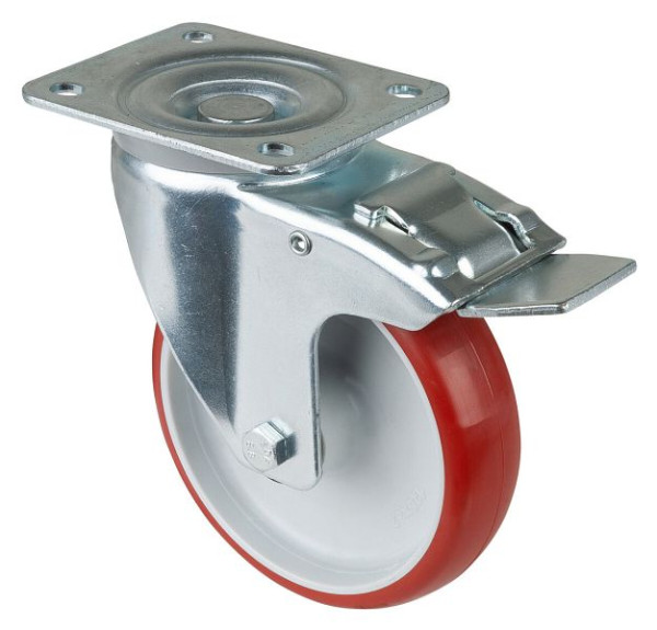 Rouleau de transport BS rollers avec frein, largeur 32 mm, Ø125 mm, jusqu'à 180 kg, polyuréthane rouge, corps en plastique, roulement à rouleaux, plateau, LB520.B31.125