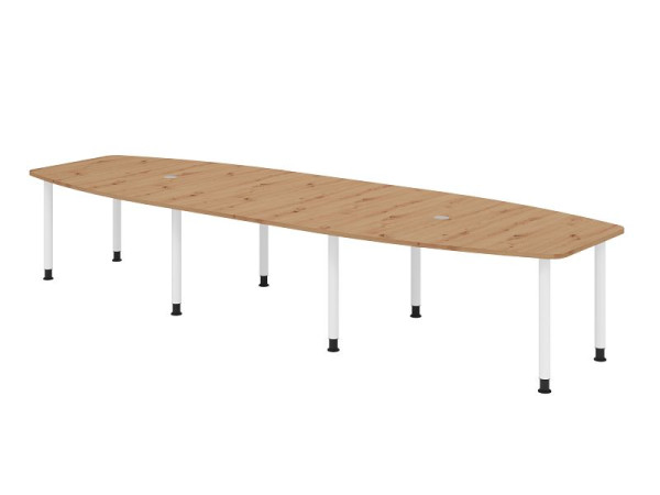 Table de conférence Hammerbacher KT40C, 400 x 130 cm, plateau : chêne noueux, épaisseur 25 mm, cadre à huit pieds blanc, tube rond 6 cm, hauteur de travail 72-74 cm, VKT40C/R/W