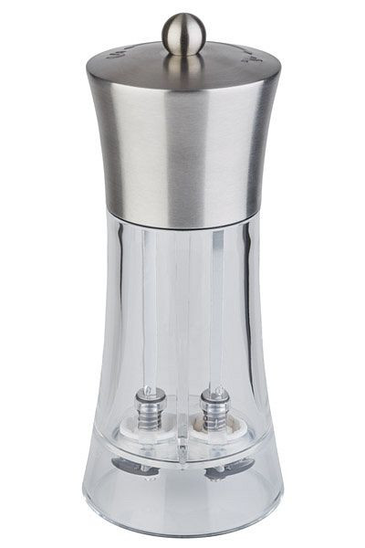 Moulin à sel et poivre APS 2 en 1, Ø 7,5 cm, hauteur : 18,5 cm, acier inoxydable, acrylique, broyeur en céramique, niveau de mouture réglable, 40545