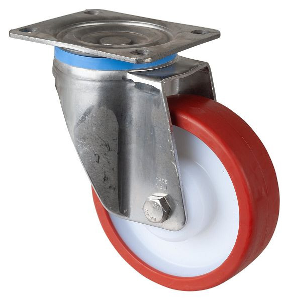 Rouleaux BS rouleau robuste en acier inoxydable, largeur 45 mm, Ø150 mm, jusqu'à 450 kg, bande de roulement en polyuréthane rouge, corps en plastique, roulement à rouleaux en acier inoxydable, HS100.B28.151