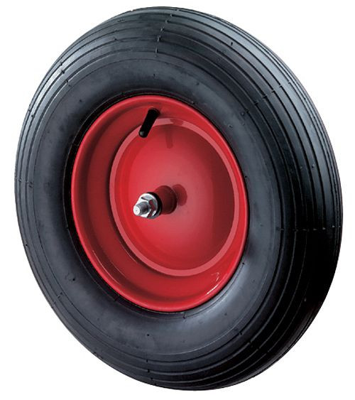 Roue de brouette BS Wheels avec axe, largeur 100 mm, Ø400 mm, jusqu'à 300 kg, bande de roulement en caoutchouc noir, corps de roue, jante en acier, roulement à rouleaux, palier lisse, D30.402