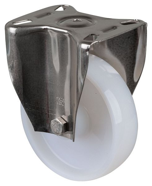 Rouleau de transport BS rollers en acier inoxydable, largeur de roue 40 mm, roue Ø 150 mm, capacité de charge 300 kg, bande de roulement/corps de roue en plastique, palier lisse, plaque, H110.A90.150