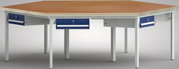Etabli standard KLW de forme hexagonale avec plateau multiplex en hêtre de forme hexagonale 2338 x 2700 x 40 mm L x l x P, WS600N-1350M40-E7001