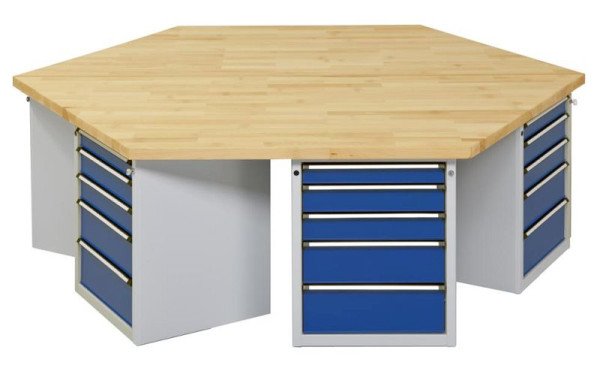 Établi de groupe hexagonal ANKE; 6 lieux de travail; 2340x2700 mm; RAL 7035/5010; Plateau en hêtre massif 50 mm; Longueur de bord 1350 mm, modèle 604 VG