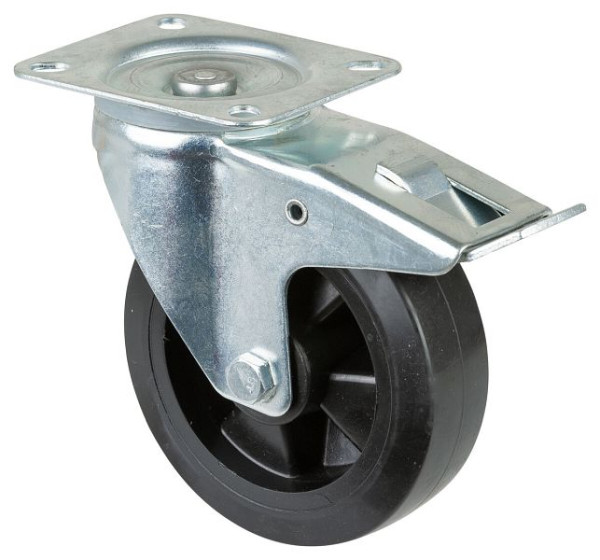 Rouleau de transport BS rollers avec frein, largeur 50 mm, Ø160 mm, jusqu'à 250 kg, pneus élastiques noirs, corps de roue en plastique, roulement à rouleaux, L420.B60.160