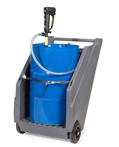 Système de pompe mobile DENIOS pour produits chimiques, chariot à fût en PE et pompe à fût à batterie en PP, 271-346