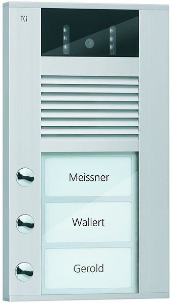 Poste de porte vidéo TCS avec caméra à 130 degrés série AVD avec 3 boutons de sonnette (alignés à droite), AP argent, AVD14033-0010