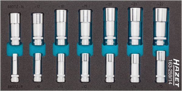 Jeu de douilles Hazet, carré creux 10 mm (3/8 pouce), profil de traction double hexagonal externe, 9 - 22, nombre d'outils : 14, 163-259/14