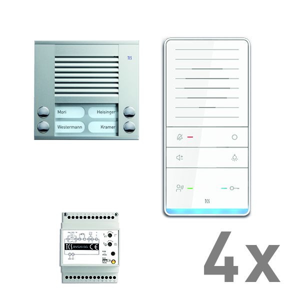 Système de commande de porte audio TCS : pack AP pour 4 unités résidentielles, avec poste extérieur PES 4 boutons de sonnerie, 4x haut-parleur mains libres ISW5031, unité de contrôle BVS20, PAAF042 / 001