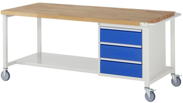 Etabli mobile RAU 8000 - modèle 8157, L2000 x P900 x H880-1080 mm, base système L1995 x P850 mm, 3 tiroirs, 05-8157A6-209B4H.11