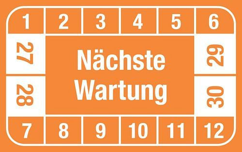 Autocollant de test DENIOS "Prochain entretien", 27 - 30, orange, film, SK, 40 x 25 mm, paquet : 5 feuilles de 12 pièces, 290204