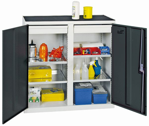 armoire à outils et matériaux contondants série 2000, 7035/7016, 2 tiroirs, cloison centrale, 4 étagères, 2002271