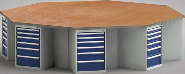 Etabli standard KLW de forme octogonale avec plateau multiplex en hêtre de forme octogonale 3259 x 3259 x 45 mm L x l x P, WS670N-1350M40-E8003