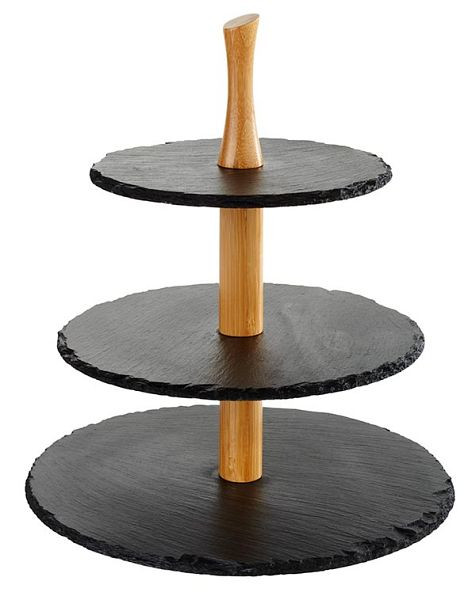 Étagère à 3 niveaux APS, Ø 30 / 25 / 20 cm, hauteur : 34 cm, ardoise naturelle, bois d'acacia, épaisseur du matériau 4-7 mm, 00960