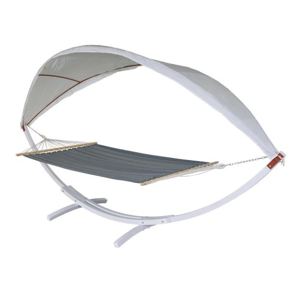 Hamac Mendler HWC-J47, balançoire suspendue jusqu'à 200 kg toit ouvrant cadre en bois FSC 420 cm 2 personnes, blanc, gris, 80676 + 80677