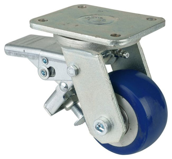 Roulette pivotante pour charges lourdes BS Wheels avec frein, roue en polyuréthane 83 Shore, jante en aluminium, roulement à billes, platine, diamètre : 80 mm, RR120.B92.080