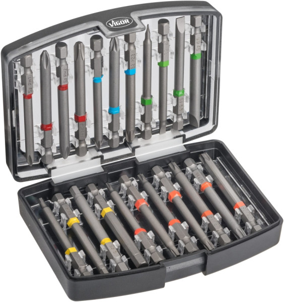 VIGOR Bit Box, hexagone plein 6,3 (1/4 pouce), 0,8 x 4 - 1 x 5, 4 - 6, PH1 - PH3, PZ1 - PZ3, T10 - T40, nombre d'outils : 22, V6068
