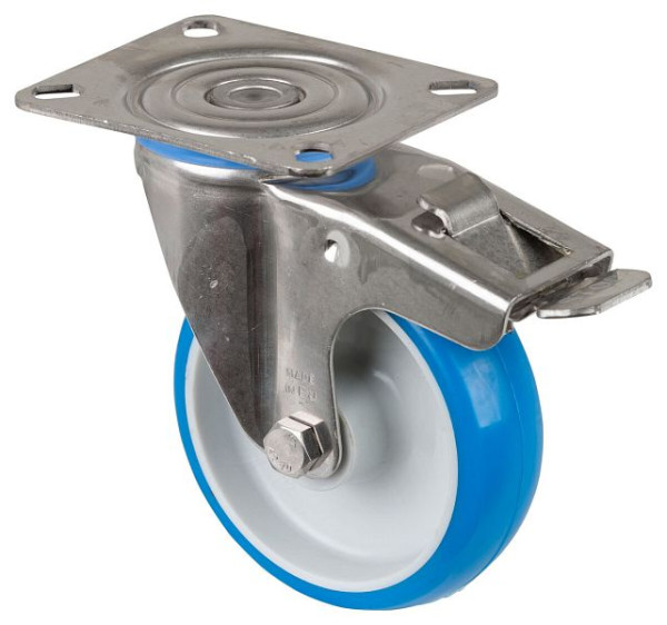 Rouleau de transport en inox avec frein, W32 mm, Ø100 mm, jusqu'à 110 kg, polyuréthane bleu, corps en plastique, palier lisse, plateau, H120.B32.100