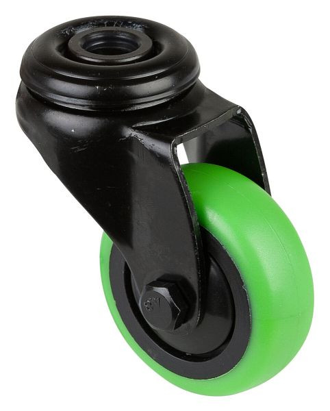 Roulettes BS Roulette pivotante noire, roue en caoutchouc thermoplastique vert, jante noire, roulement à billes, trou arrière, diamètre : 50 mm, lot de 8, A801.A85.050.04