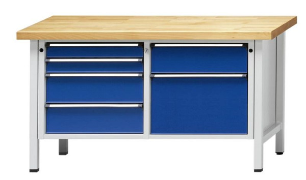 Établi d'armoire ANKE; 1500x700 mm; RAL 7035/5010; A gauche 4 tiroirs 90, 90, 180, 180 mm; A droite 2 tiroirs 180, 360mm