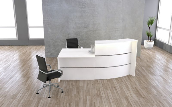 Comptoir courbé Kerkmann Bari avec bureau de consultation, L 2310 mm x P 1225 mm x H 1120 mm, coloris : blanc, 21354110