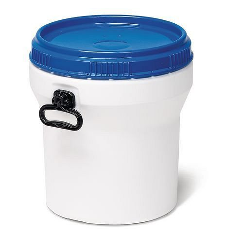Fût à col large DENIOS en PE, 30 litres, avec couvercle, blanc/bleu, emboîtable, homologation UN, 217-397
