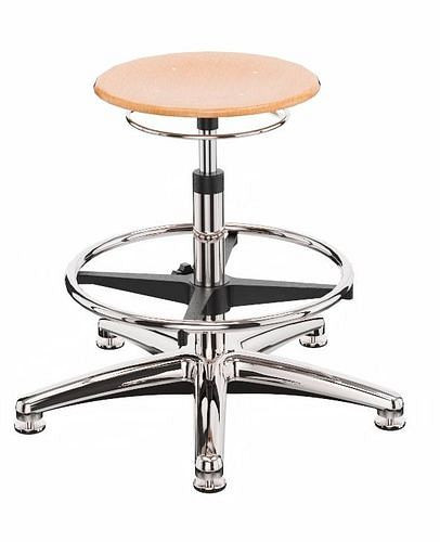 Tabouret de travail Dauphin en hêtre, piètement en aluminium, patins, repose-pieds, 266952