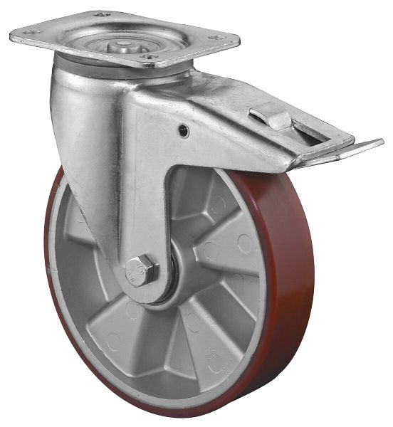 Roulettes BS Roulette robuste avec frein, largeur 50 mm, Ø200 mm, jusqu'à 800 kg, polyuréthane coulé 95 Shore A, corps en aluminium, roulement à billes, L620.B90.200