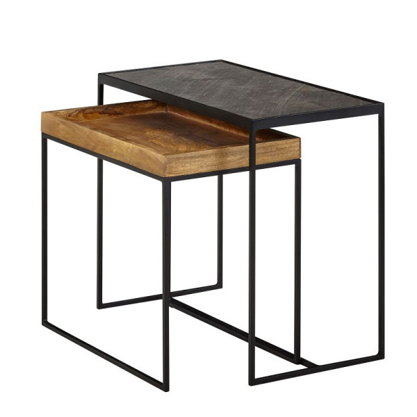 Wohnling Lot de 2 tables d'appoint carrées en bois massif de manguier/pierre, table d'appoint design industrielle, table de canapé, table basse rectangulaire, WL6.636