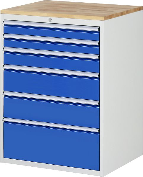 Armoire à tiroirs RAU série 7000, plan de travail en hêtre massif, 6 x taille de tiroir XL 2xH90, 1xH120, 2xH180, 1xH270 mm, 770x1035x650 mm, 03-XL7.7A-B.11