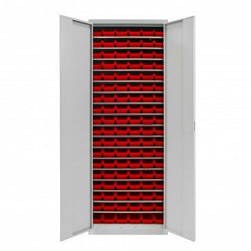 Armoire à portes battantes ADB avec 108 caissons de rangement et étagères visibles, dimensions LxLxH : 170x240x126 mm, couleur : rouge, 40827