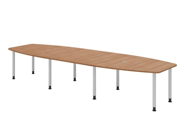 Table de conférence Hammerbacher KT40C, 400 x 130 cm, plateau : noyer, épaisseur 25 mm, cadre à huit pieds argenté, tube rond 6 cm, hauteur de travail 72-74 cm, VKT40C/N/S