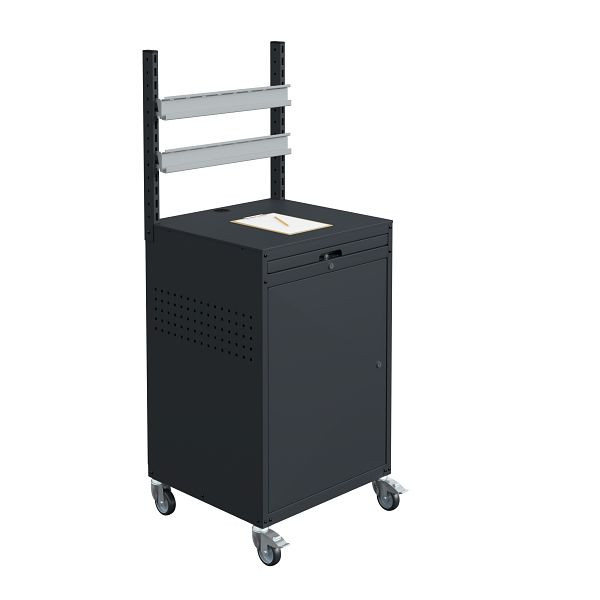 Meuble SOFAME MODULINFO L695 x P 660 x H 1005 mm avec 2 barres d'accrochage pour caissons de rangement apparents sur roulettes, gris anthracite RAL 7016, W040010034GAGC