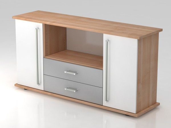 Buffet Hammerbacher 2 portes, 2 tiroirs, poignée chromée noyer/blanc, 166,1x44,8x84 cm (LxPxH), VSBTS/N/W/CE