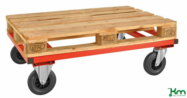 Chariot à palette Kongamek, 2 roulettes fixes et 2 pivotantes en caoutchouc plein avec freins, Rouge, 1200 x 800 x 305 mm, KM217B