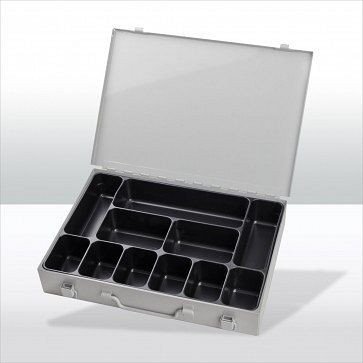 Coffret à outils ADB avec diviseur 11 plis, dimensions extérieures valise LxlxH : 33,5x24x5 cm, couleur : gris, RAL 7035, 88611