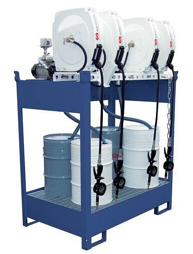 Station pétrolière DENIOS EPO-4, bac, 4 pompes vide-fût électriques, enrouleur de tuyau 10 m, 201-604