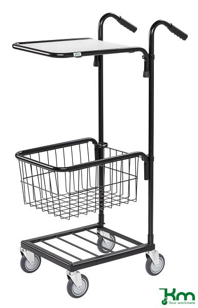 Mini chariot de transport Kongamek 660 x 385 x 1090 mm, noir / blanc, 4 roulettes pivotantes dont 2 avec freins, 1 étagère et 1 panier, réglable en hauteur, KM153-HTBS