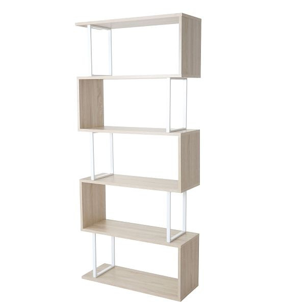 Bibliothèque Mendler HWC-A27, étagère autoportante, étagère de salon, 183x80cm Structure 3D 5 niveaux, aspect chêne, métal blanc, 50091